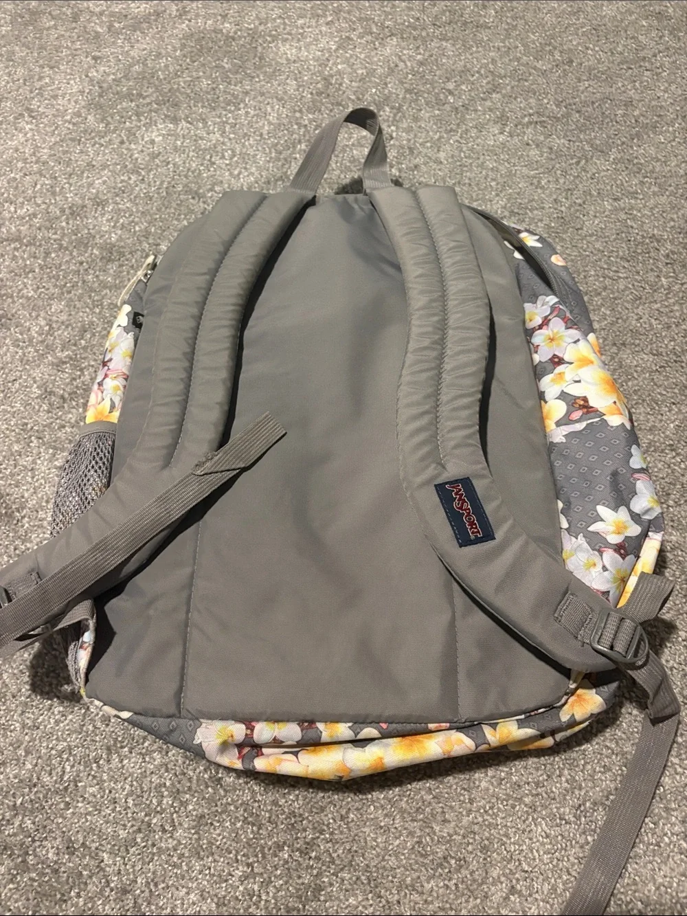 JanSport Gray Backpack with Yellow Floral Plumeria Print